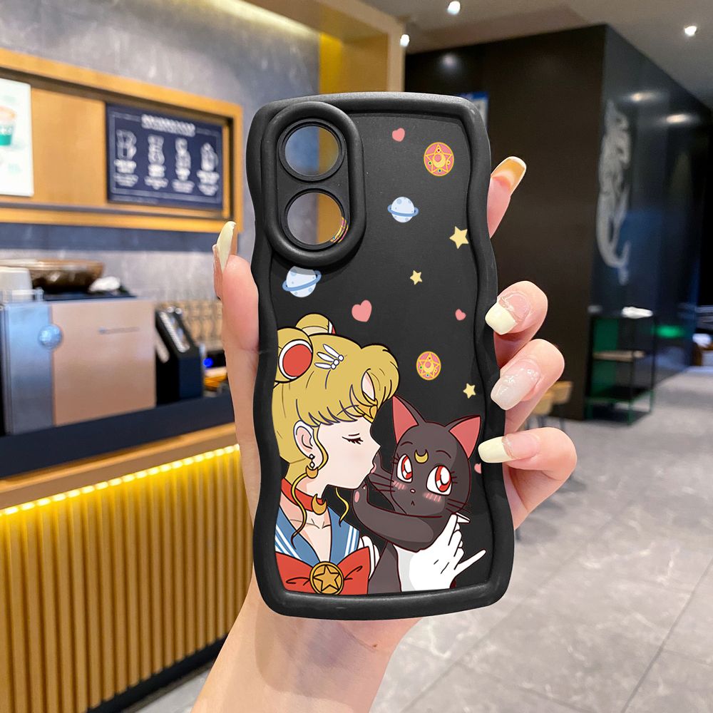 For OPPO Reno 5 6 Lite 7 8 Reno 7Z 8 Z 5F F19 F21 Pro Sailor Moon Cut Cat Wave Frame Phone Case Anti Drop Cover