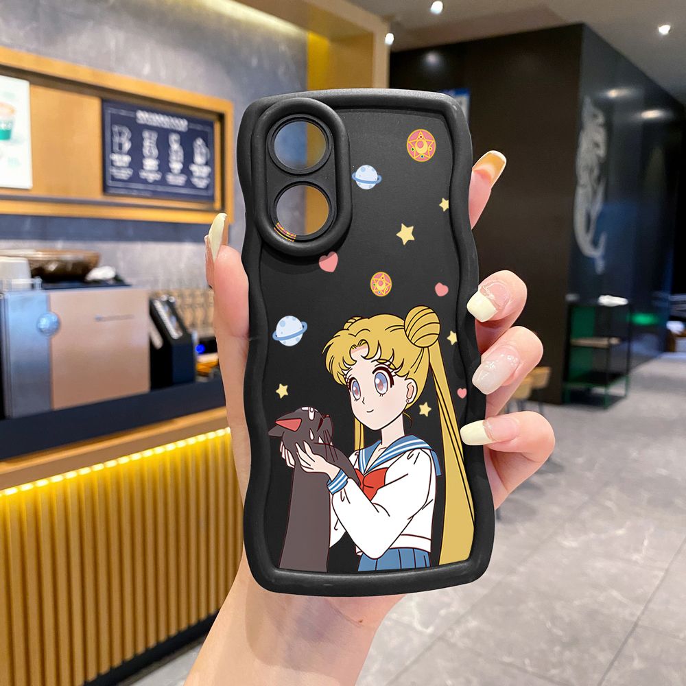 For OPPO Reno 5 6 Lite 7 8 Reno 7Z 8 Z 5F F19 F21 Pro Sailor Moon Cut Cat Wave Frame Phone Case Anti Drop Cover