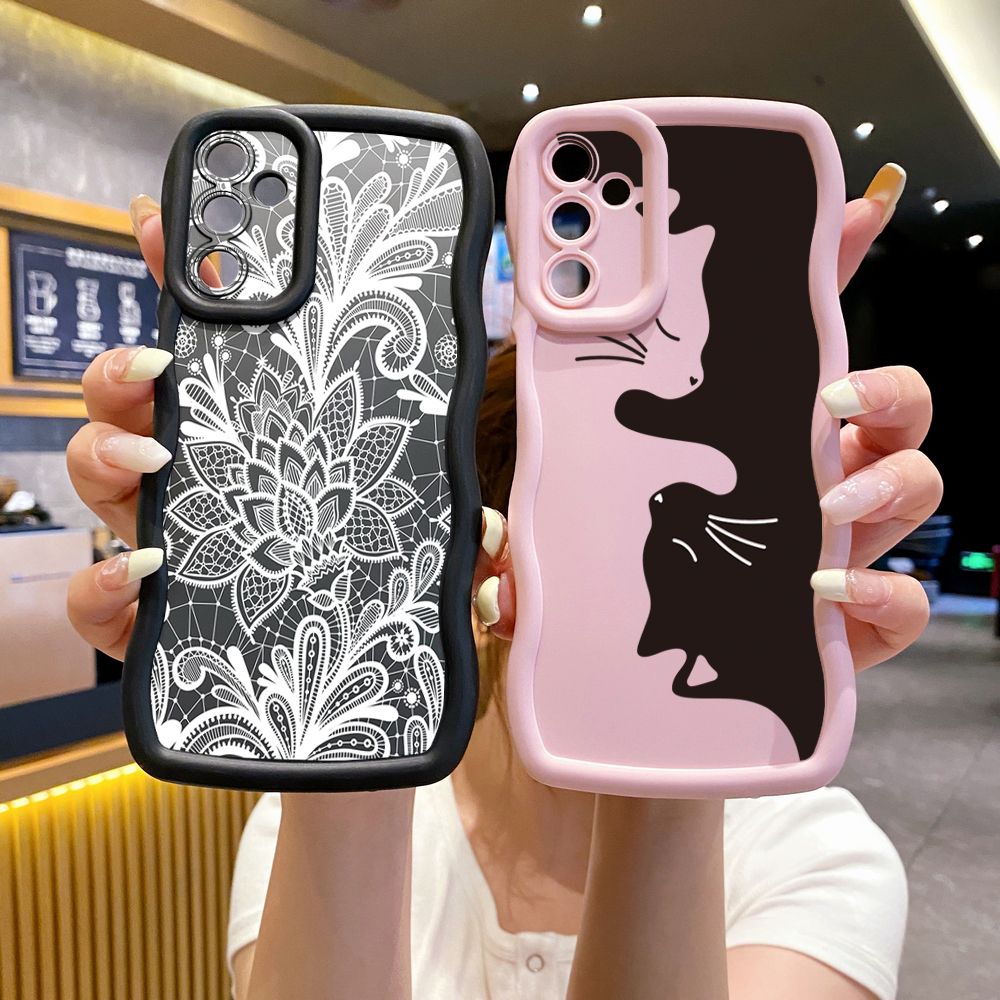 For Samsung Galaxy A15 A05 A35 A06 A14 A34 A33 A53 A73 A32 A16 A72 Drawing Cat Flower Wave Frame Phone Case Anti Drop Cover