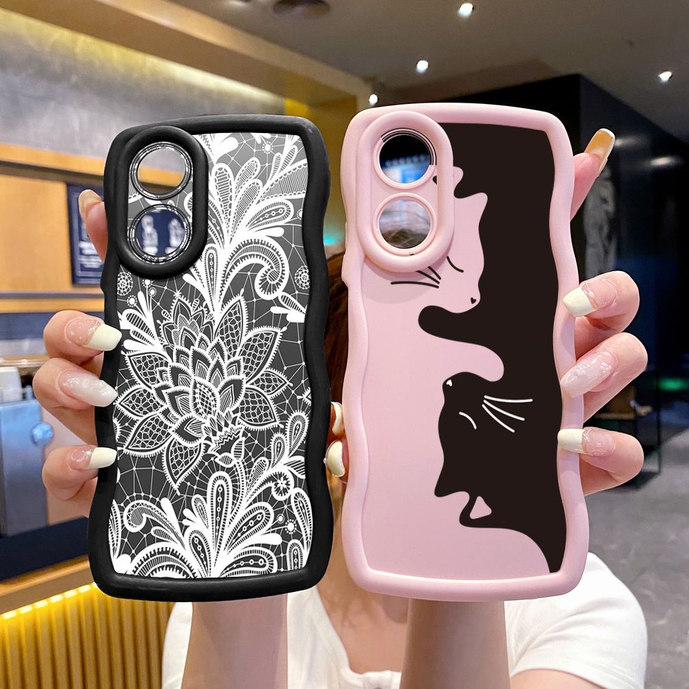 For OPPO Reno 5 6 Lite 7 8 Reno 7Z 8 Z 5F F19 F21 Pro Drawing Cat Flower Wave Frame Phone Case Anti Drop Cover