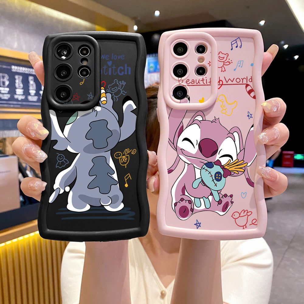 For Samsung Galaxy S24 S23 Ultra S22 Plus S21 FE S20 Lovely Couple Stitch Wave Frame Phone Case Anti Drop Cover