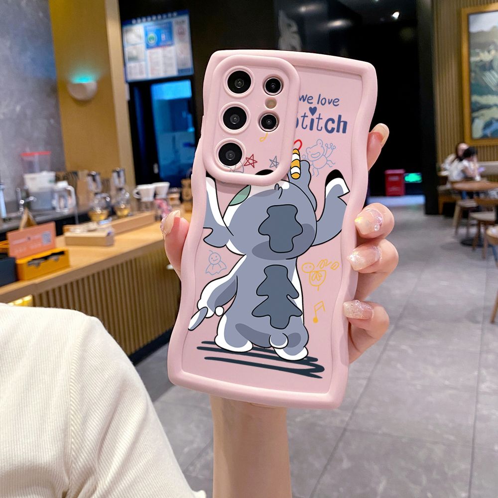 For Samsung Galaxy S24 S23 Ultra S22 Plus S21 FE S20 Lovely Couple Stitch Wave Frame Phone Case Anti Drop Cover