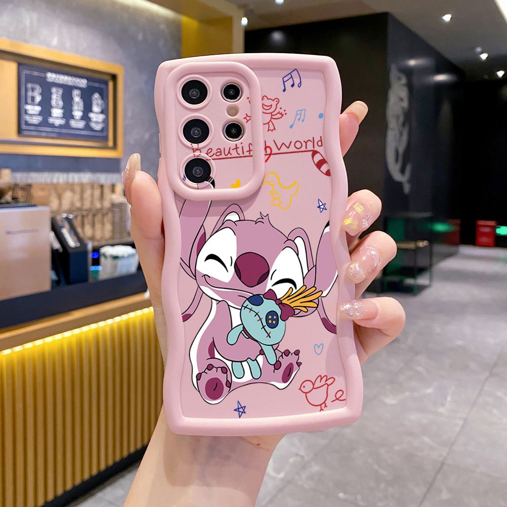 For Samsung Galaxy S24 S23 Ultra S22 Plus S21 FE S20 Lovely Couple Stitch Wave Frame Phone Case Anti Drop Cover