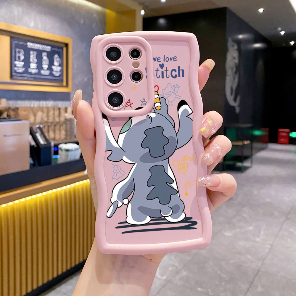 For Samsung Galaxy S24 S23 Ultra S22 Plus S21 FE S20 Lovely Couple Stitch Wave Frame Phone Case Anti Drop Cover