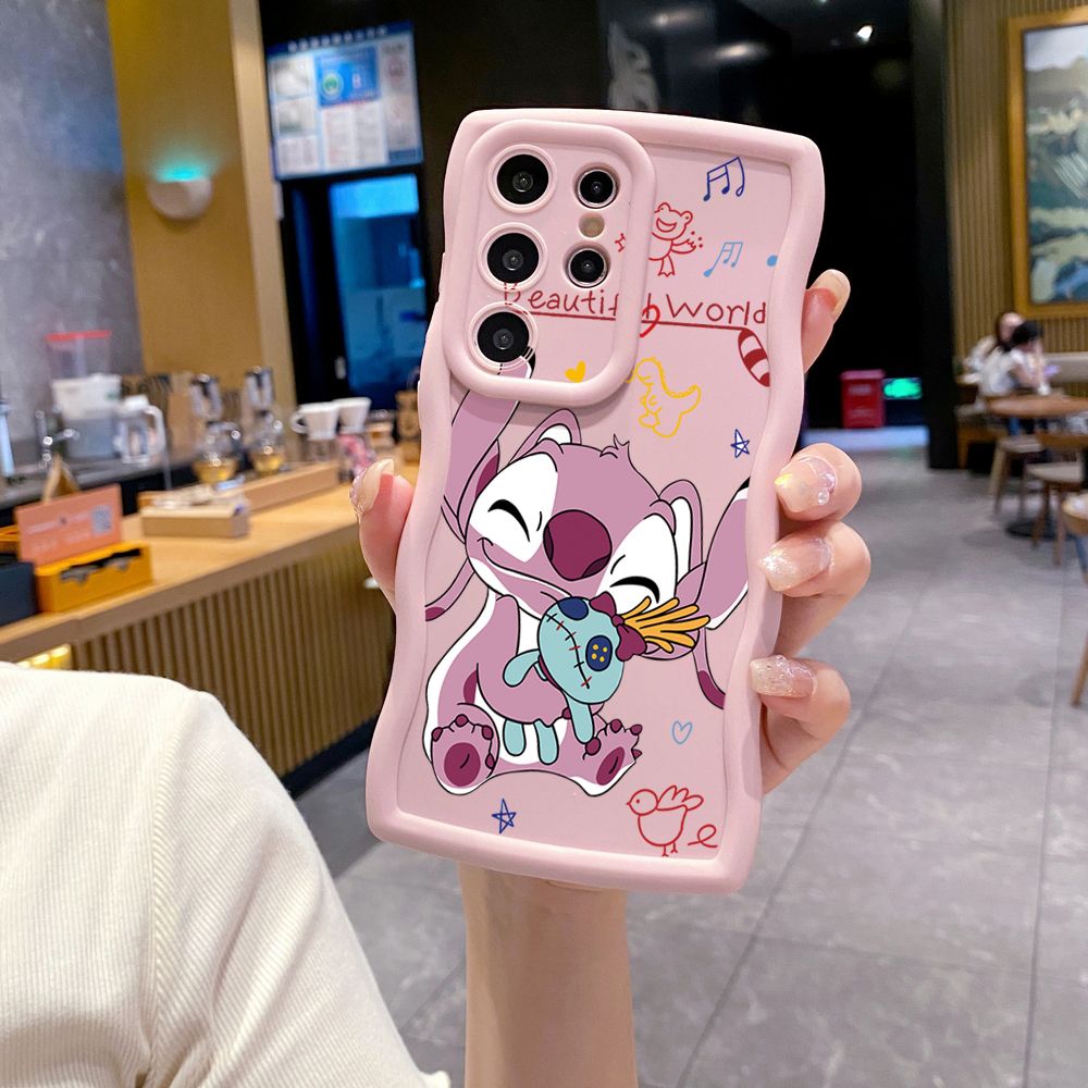 For Samsung Galaxy S24 S23 Ultra S22 Plus S21 FE S20 Lovely Couple Stitch Wave Frame Phone Case Anti Drop Cover