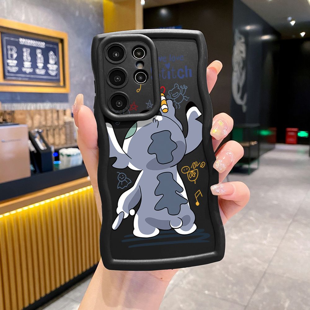 For Samsung Galaxy S24 S23 Ultra S22 Plus S21 FE S20 Lovely Couple Stitch Wave Frame Phone Case Anti Drop Cover