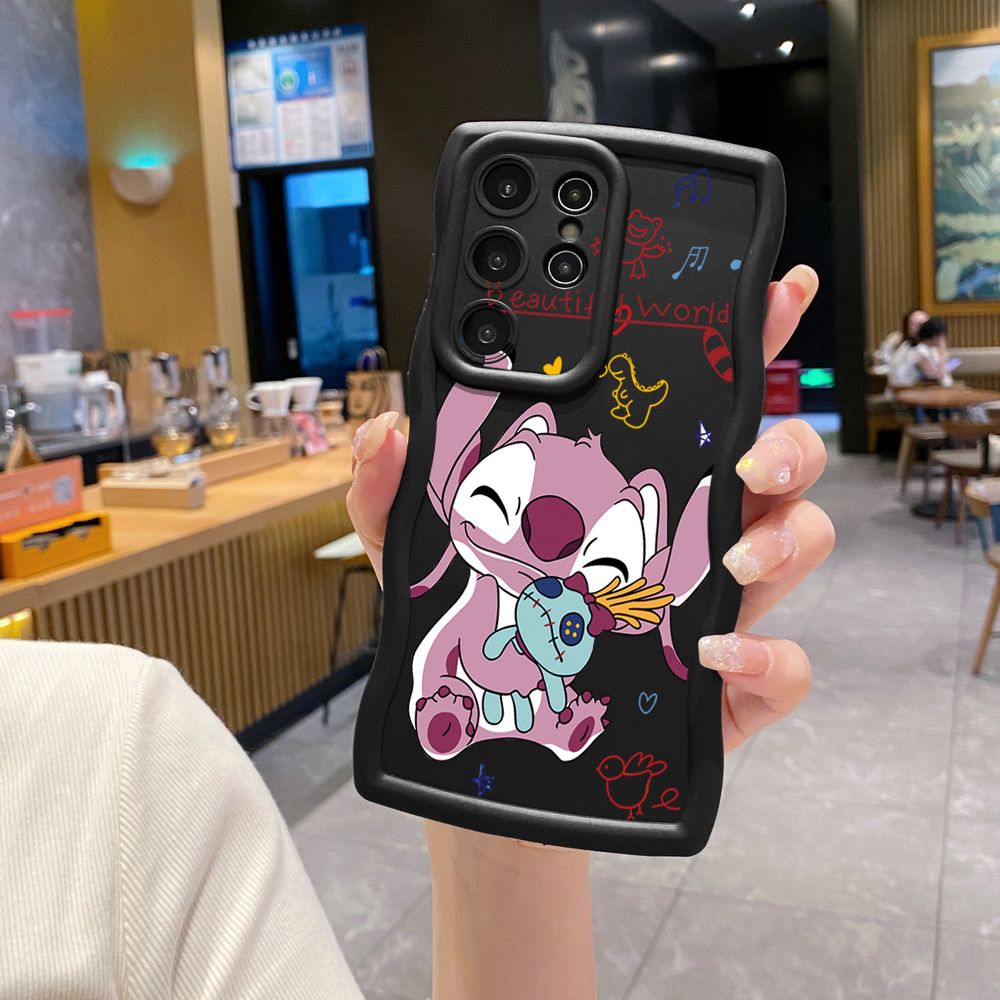 For Samsung Galaxy S24 S23 Ultra S22 Plus S21 FE S20 Lovely Couple Stitch Wave Frame Phone Case Anti Drop Cover