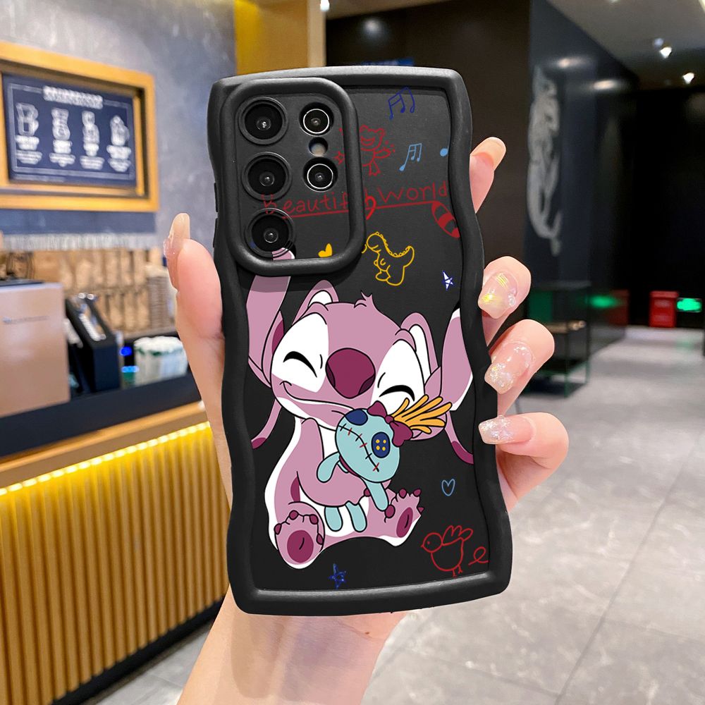 For Samsung Galaxy S24 S23 Ultra S22 Plus S21 FE S20 Lovely Couple Stitch Wave Frame Phone Case Anti Drop Cover