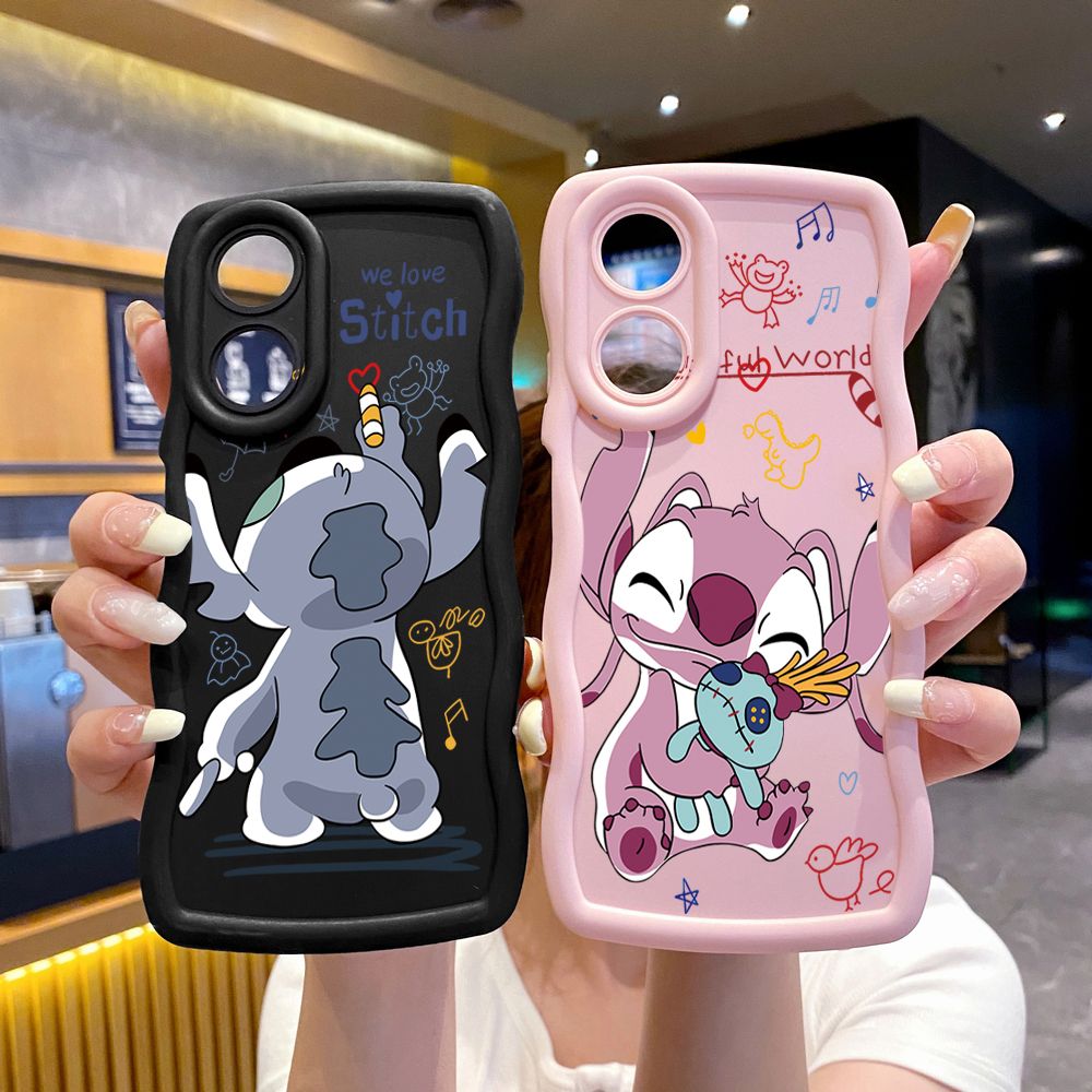 For OPPO Reno 5 6 Lite 7 8 Reno 7Z 8 Z 5F F19 F21 Pro Lovely Couple Stitch Wave Frame Phone Case Anti Drop Cover