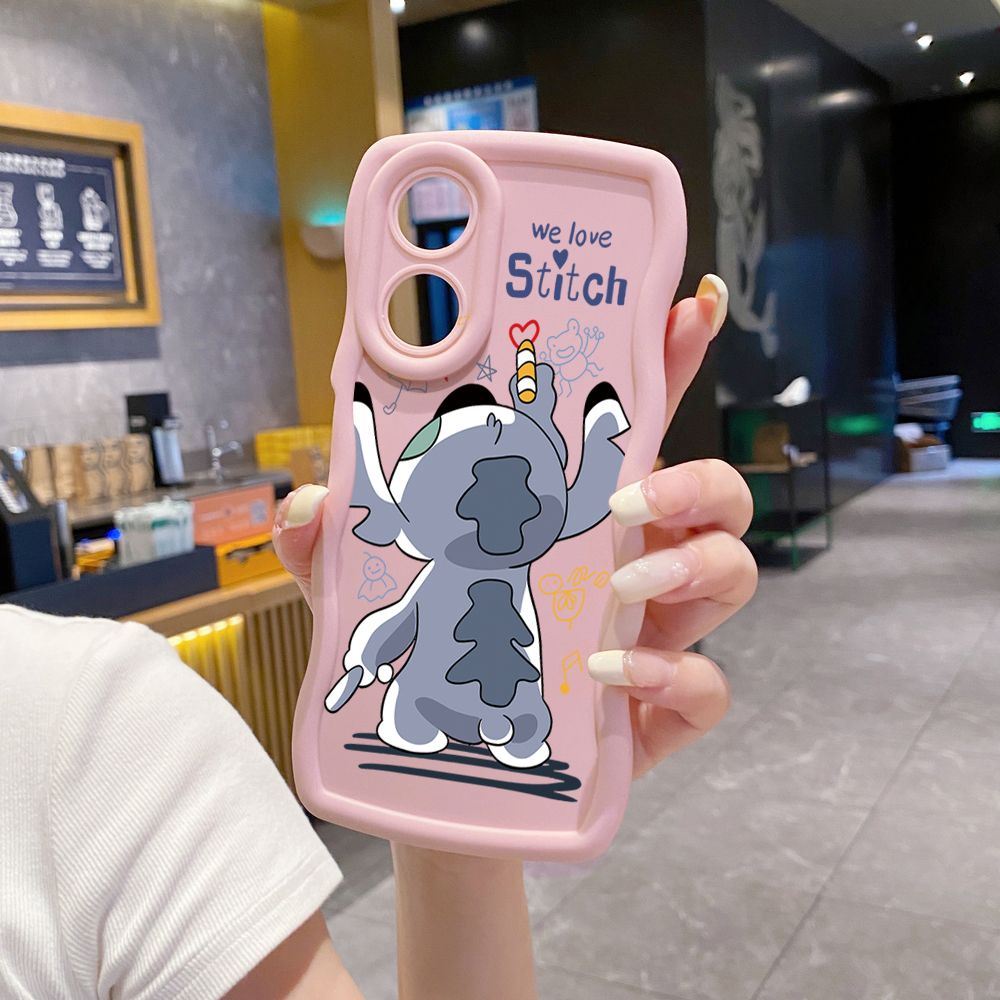 For OPPO Reno 5 6 Lite 7 8 Reno 7Z 8 Z 5F F19 F21 Pro Lovely Couple Stitch Wave Frame Phone Case Anti Drop Cover