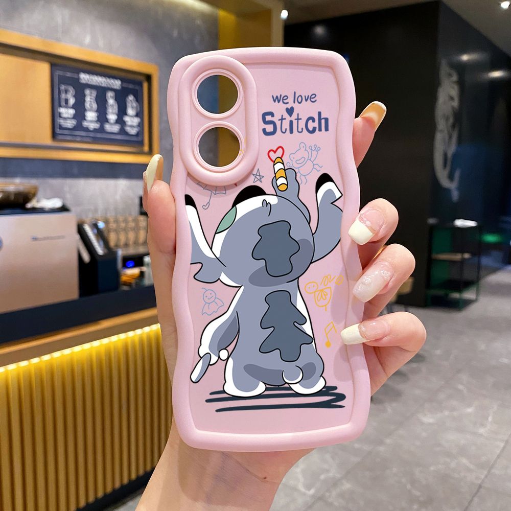 For OPPO Reno 5 6 Lite 7 8 Reno 7Z 8 Z 5F F19 F21 Pro Lovely Couple Stitch Wave Frame Phone Case Anti Drop Cover