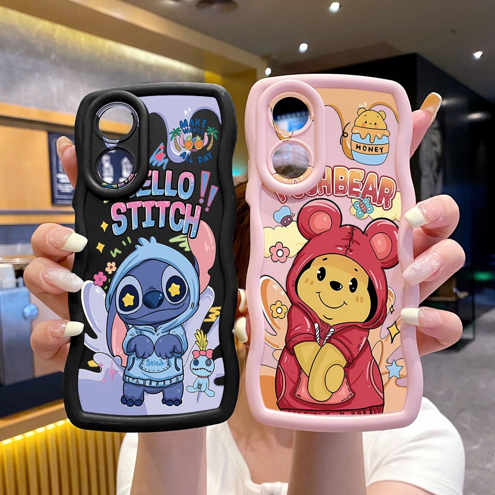 For OPPO A60 A18 A38 A17 A16 A57 A77 A59 A98 A78 A58 5G Pooh Bear Stitch Wave Frame Phone Case Anti Drop Cover