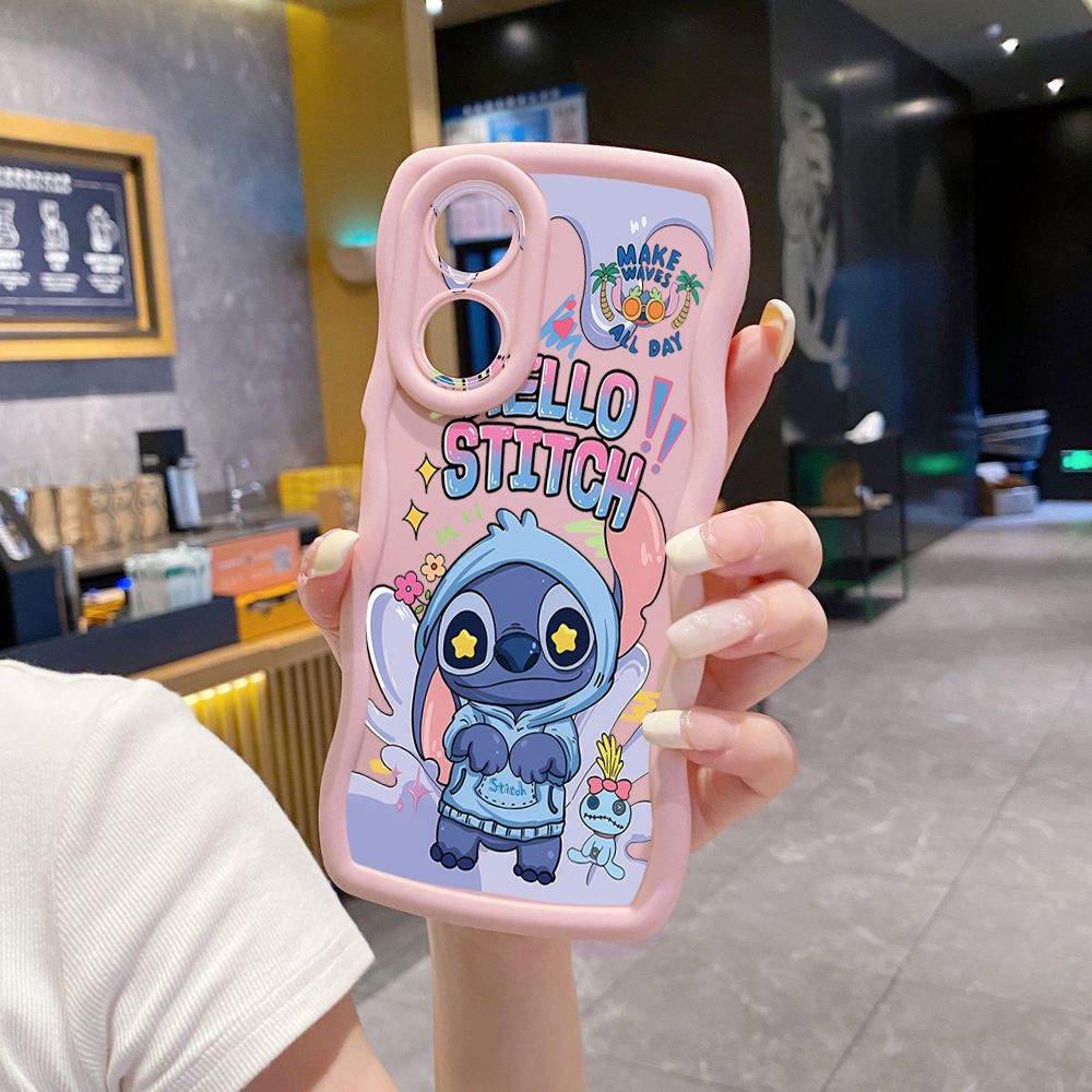 For OPPO A60 A18 A38 A17 A16 A57 A77 A59 A98 A78 A58 5G Pooh Bear Stitch Wave Frame Phone Case Anti Drop Cover
