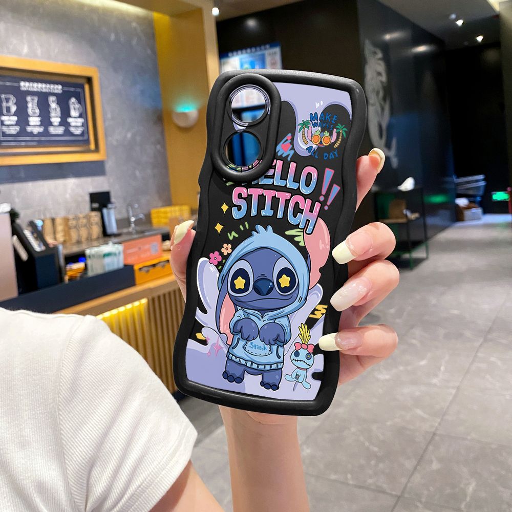 For OPPO A60 A18 A38 A17 A16 A57 A77 A59 A98 A78 A58 5G Pooh Bear Stitch Wave Frame Phone Case Anti Drop Cover