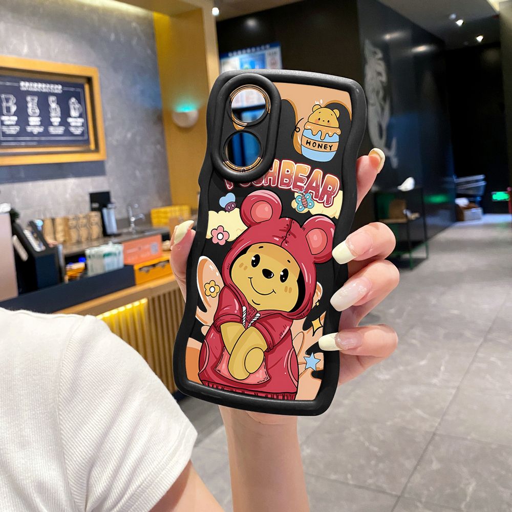 For OPPO A60 A18 A38 A17 A16 A57 A77 A59 A98 A78 A58 5G Pooh Bear Stitch Wave Frame Phone Case Anti Drop Cover