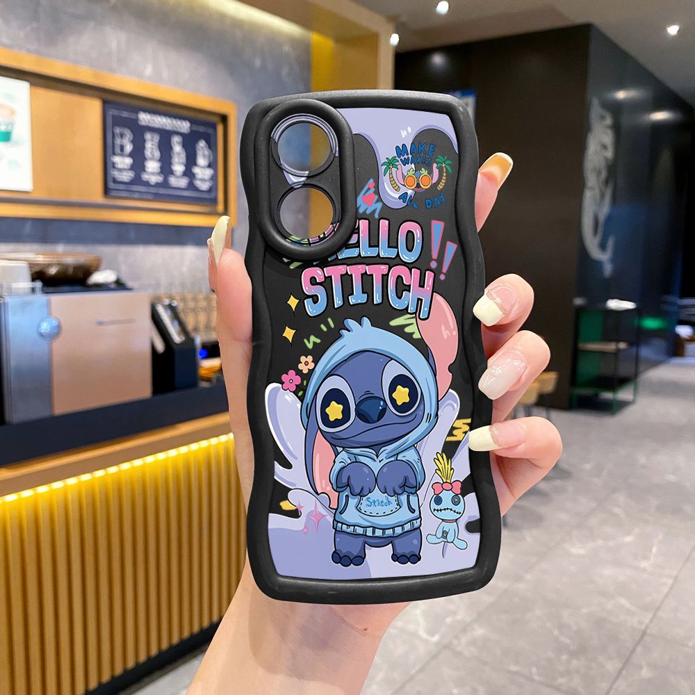 For OPPO A60 A18 A38 A17 A16 A57 A77 A59 A98 A78 A58 5G Pooh Bear Stitch Wave Frame Phone Case Anti Drop Cover