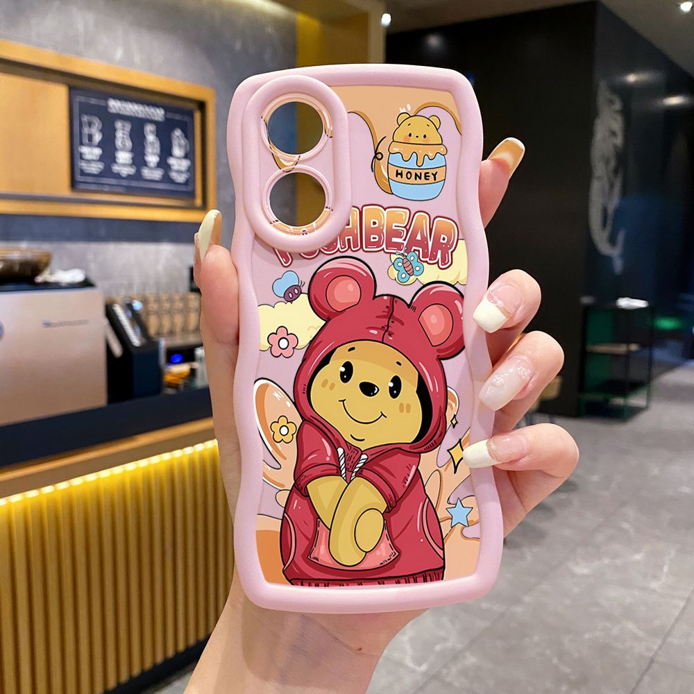 For OPPO A60 A18 A38 A17 A16 A57 A77 A59 A98 A78 A58 5G Pooh Bear Stitch Wave Frame Phone Case Anti Drop Cover