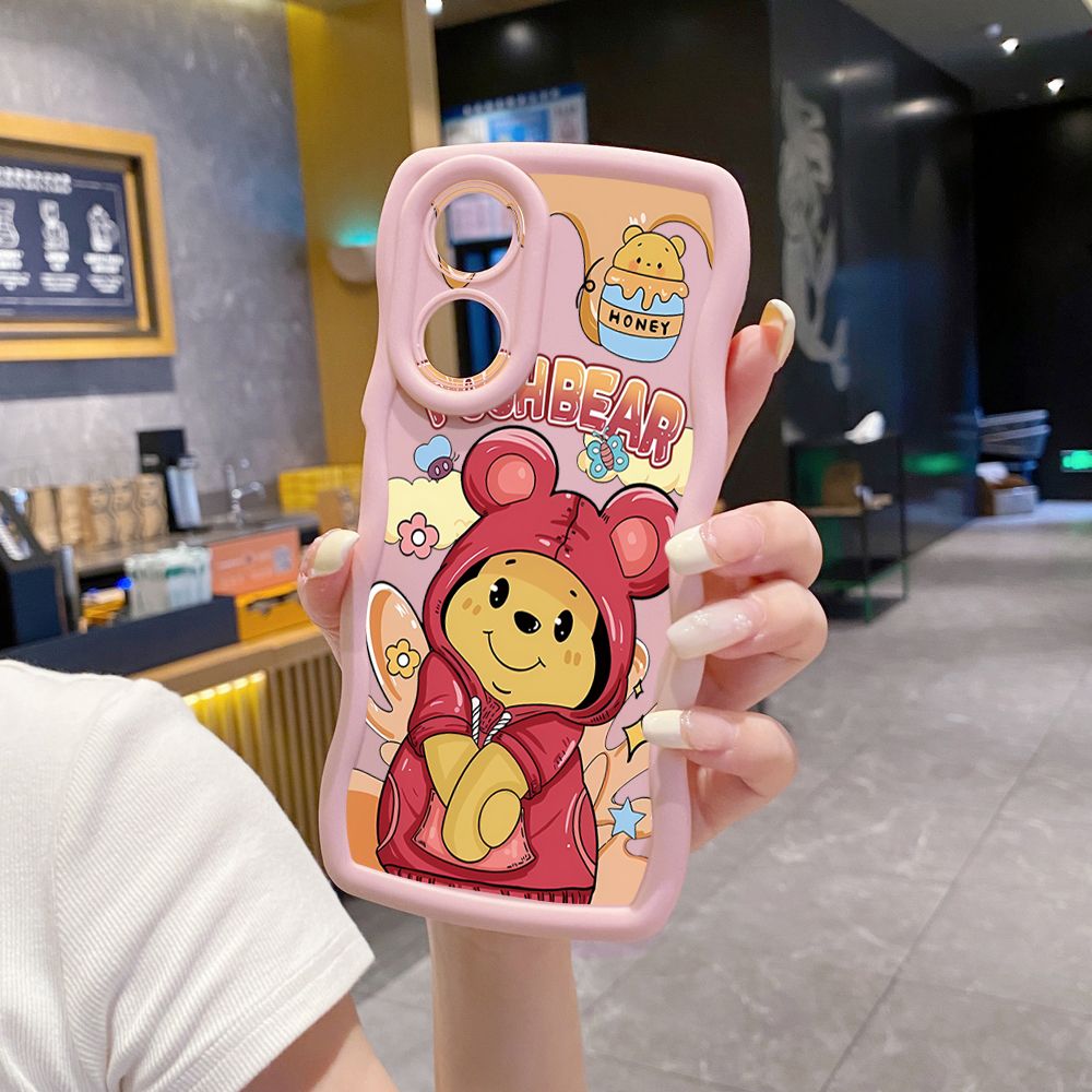 For OPPO A60 A18 A38 A17 A16 A57 A77 A59 A98 A78 A58 5G Pooh Bear Stitch Wave Frame Phone Case Anti Drop Cover