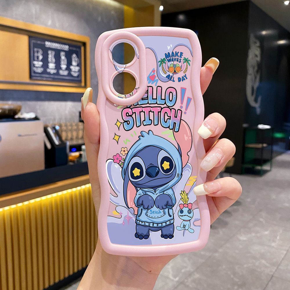 For OPPO A60 A18 A38 A17 A16 A57 A77 A59 A98 A78 A58 5G Pooh Bear Stitch Wave Frame Phone Case Anti Drop Cover