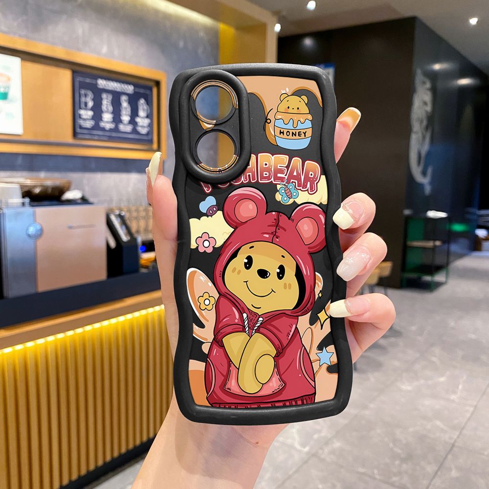 For OPPO A60 A18 A38 A17 A16 A57 A77 A59 A98 A78 A58 5G Pooh Bear Stitch Wave Frame Phone Case Anti Drop Cover