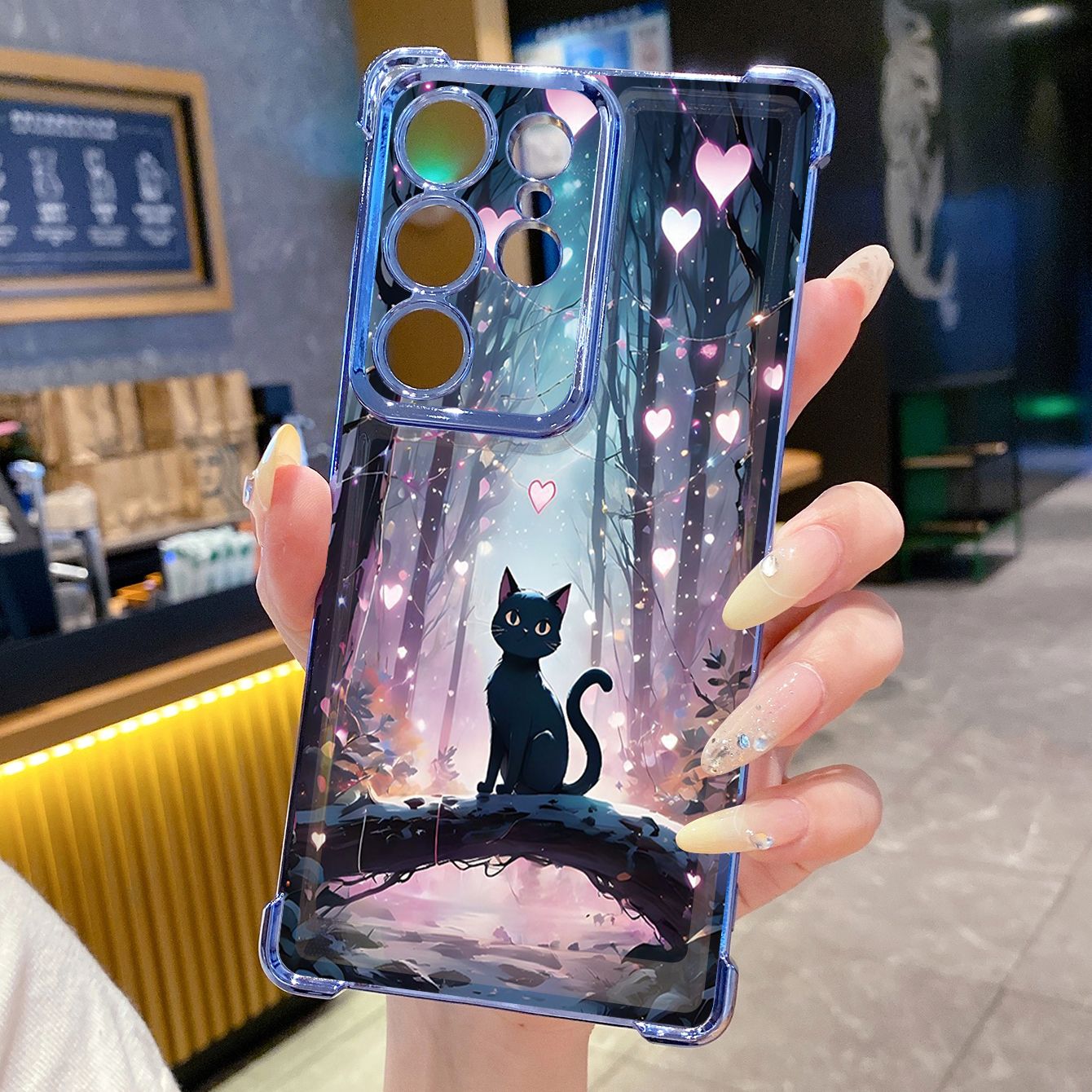 for Samsung Galaxy S26 Ultra S25 Edge S24 Plus A55 Plating Phone Case Shockproof Cover Black Cat Heart Flower