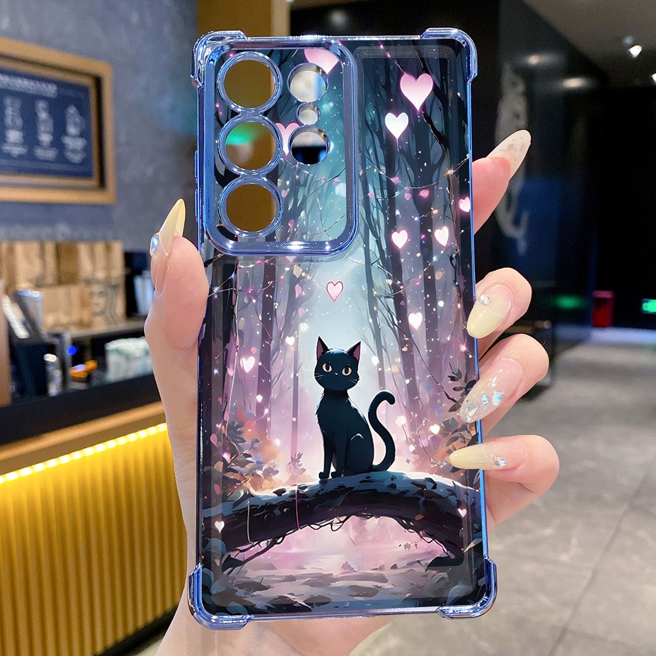 for Samsung Galaxy S26 Ultra S25 Edge S24 Plus A55 Plating Phone Case Shockproof Cover Black Cat Heart Flower