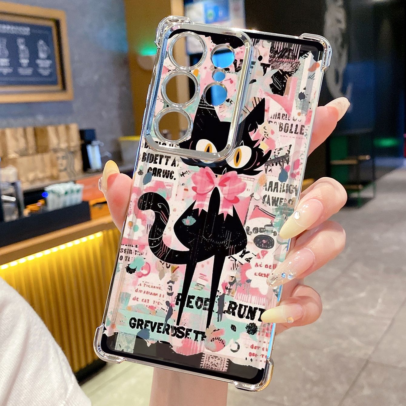 for Samsung Galaxy S26 Ultra S25 Edge S24 Plus A55 Plating Phone Case Shockproof Cover Black Cat Heart Flower