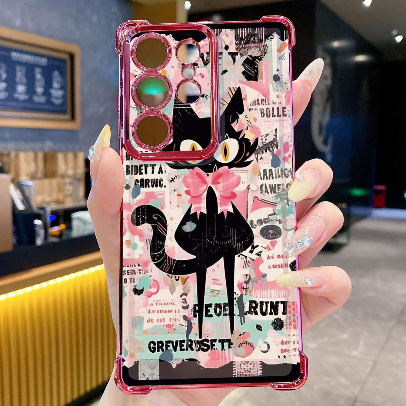 for Samsung Galaxy S26 Ultra S25 Edge S24 Plus A55 Plating Phone Case Shockproof Cover Black Cat Heart Flower