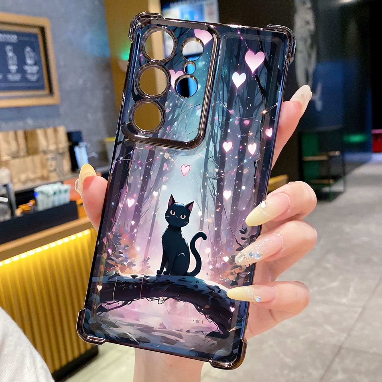 for Samsung Galaxy S26 Ultra S25 Edge S24 Plus A55 Plating Phone Case Shockproof Cover Black Cat Heart Flower