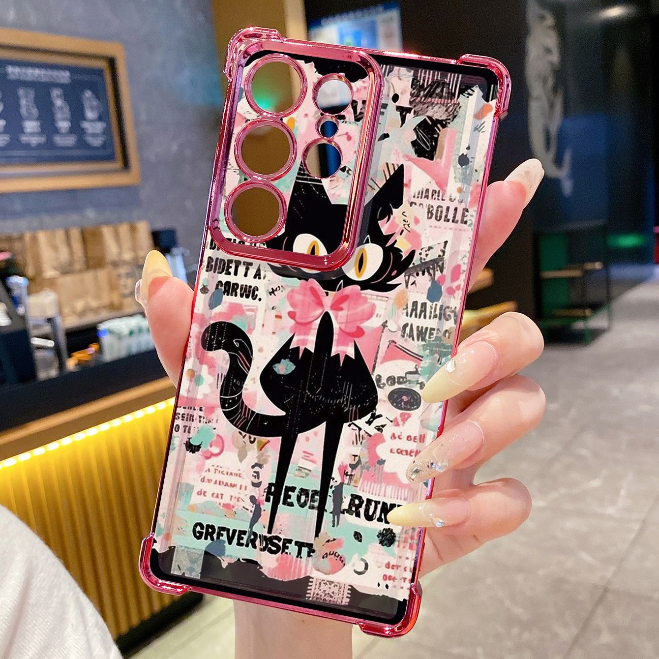 for Samsung Galaxy S26 Ultra S25 Edge S24 Plus A55 Plating Phone Case Shockproof Cover Black Cat Heart Flower