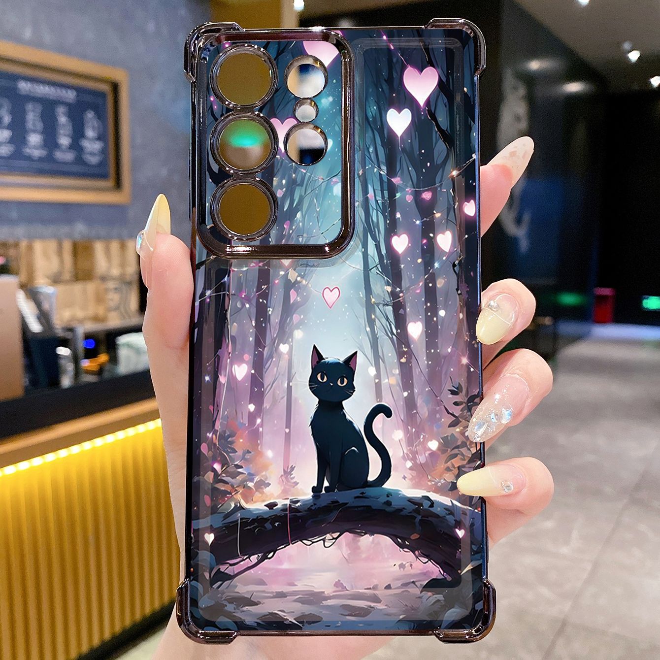 for Samsung Galaxy S26 Ultra S25 Edge S24 Plus A55 Plating Phone Case Shockproof Cover Black Cat Heart Flower