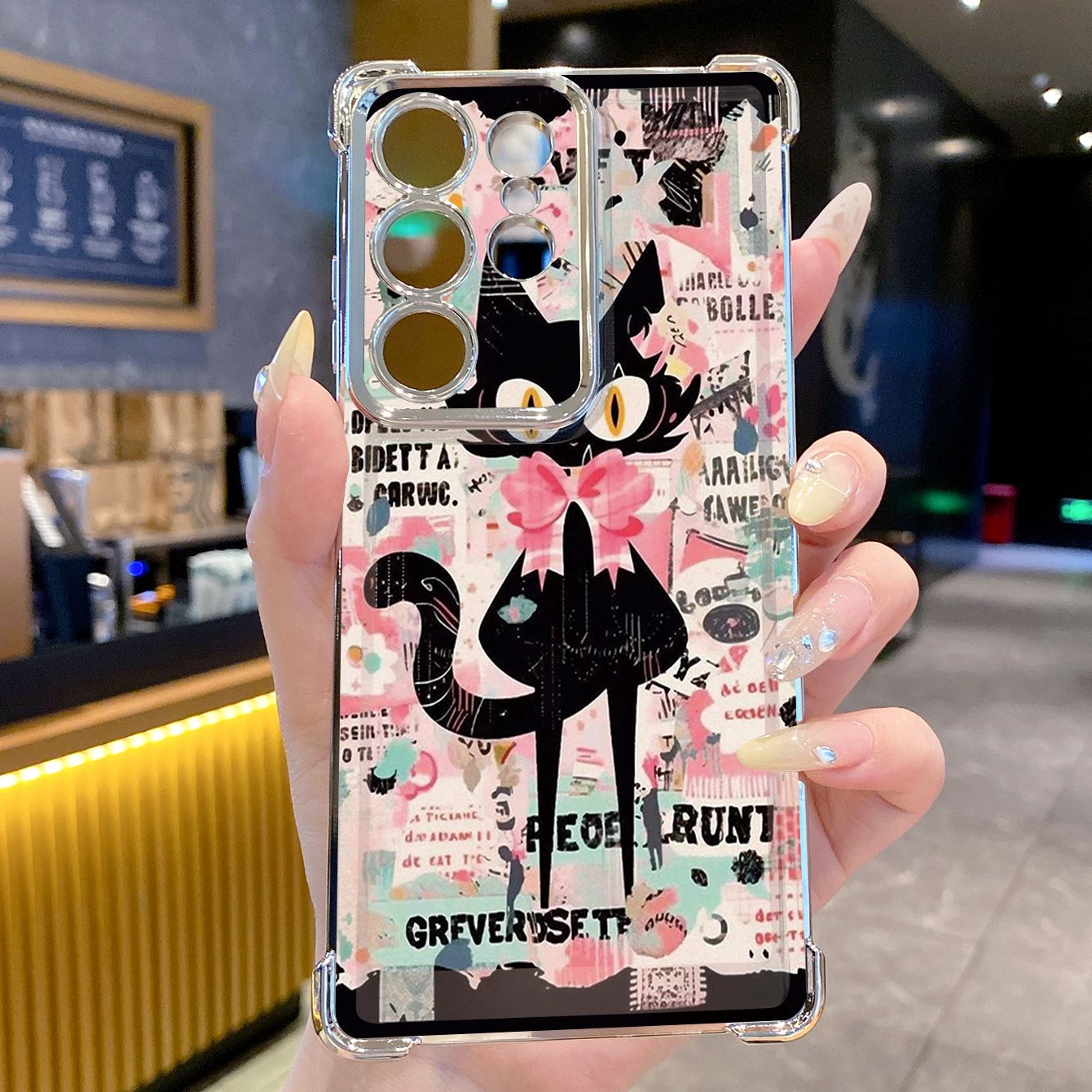for Samsung Galaxy S26 Ultra S25 Edge S24 Plus A55 Plating Phone Case Shockproof Cover Black Cat Heart Flower