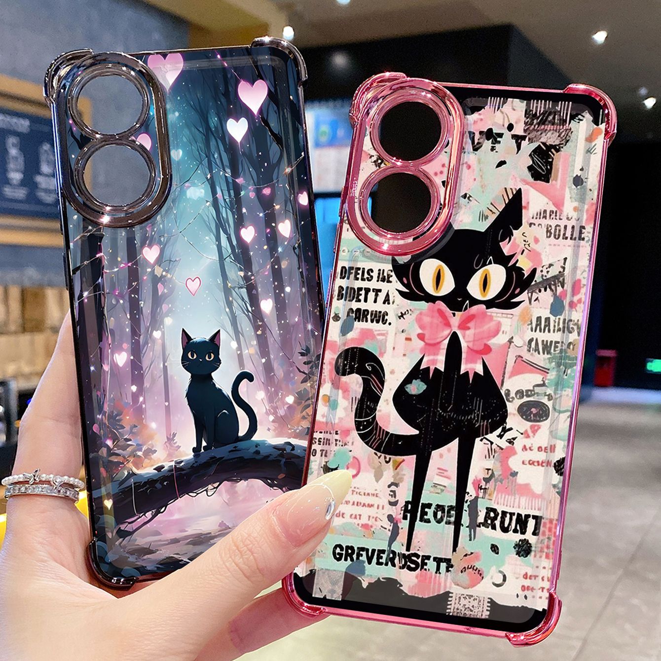 for OPPO A38 A5 Pro Realme C63 C51 C75 VIVO Plating Phone Case Shockproof Cover Black Cat Heart Flower