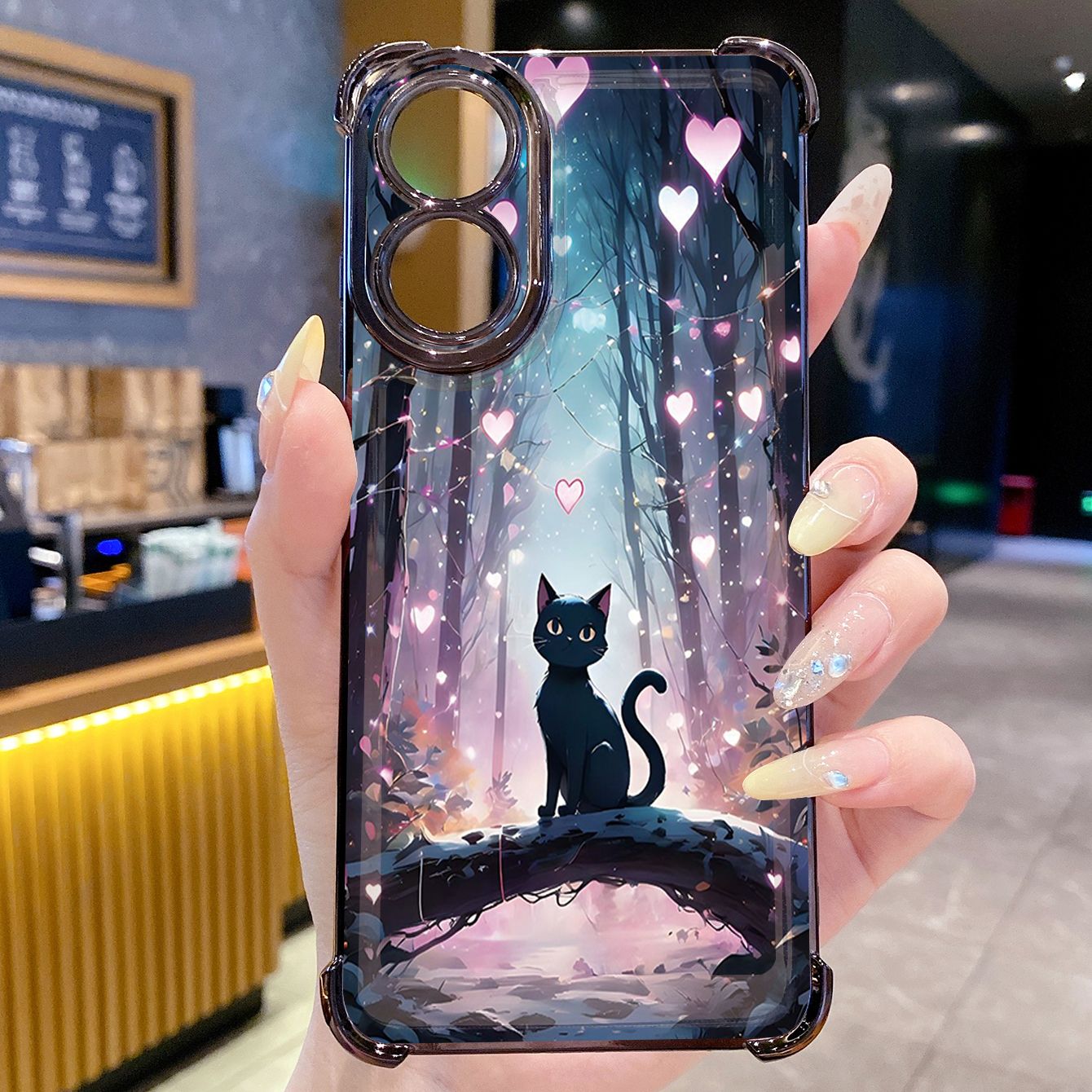 for OPPO A38 A5 Pro Realme C63 C51 C75 VIVO Plating Phone Case Shockproof Cover Black Cat Heart Flower
