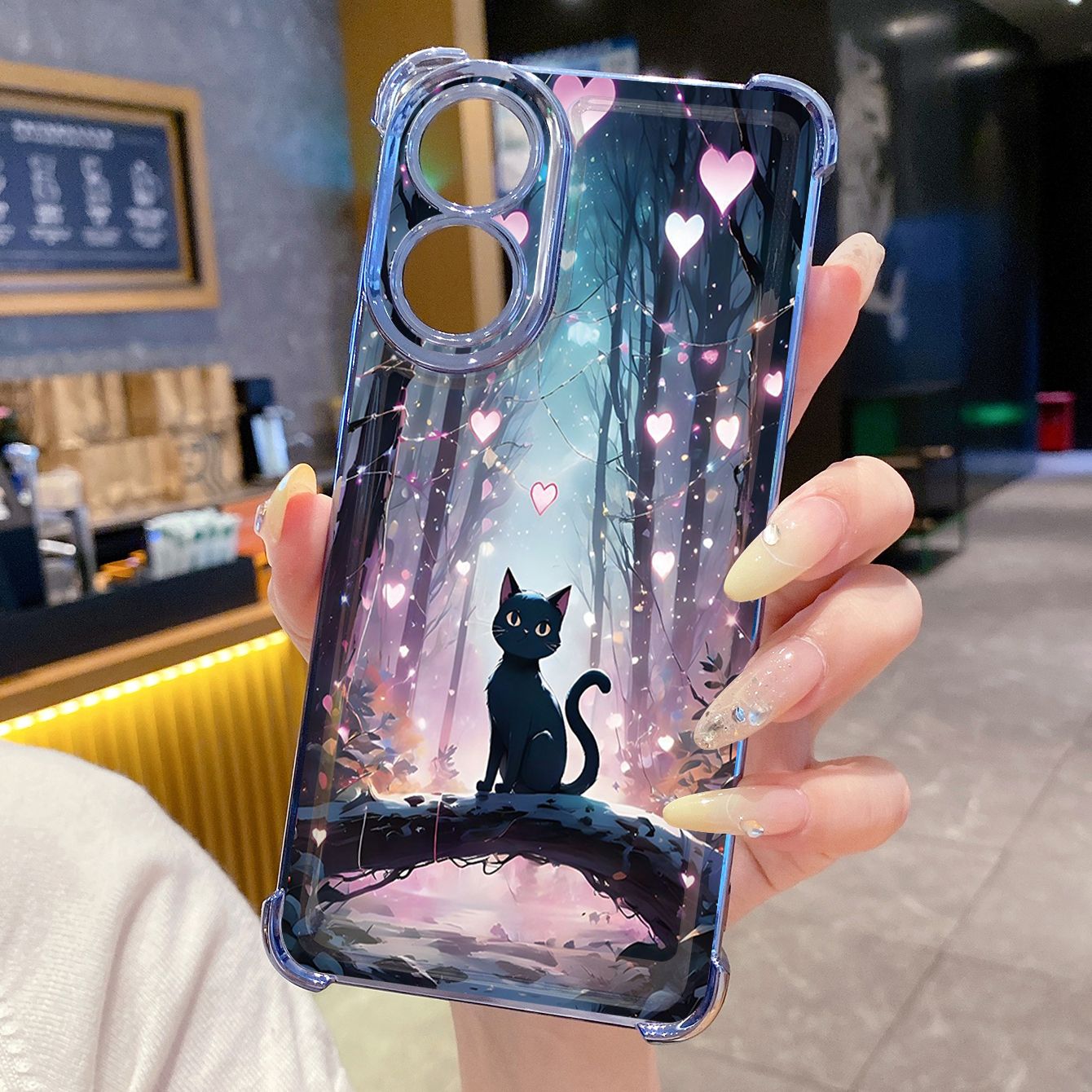 for OPPO A38 A5 Pro Realme C63 C51 C75 VIVO Plating Phone Case Shockproof Cover Black Cat Heart Flower