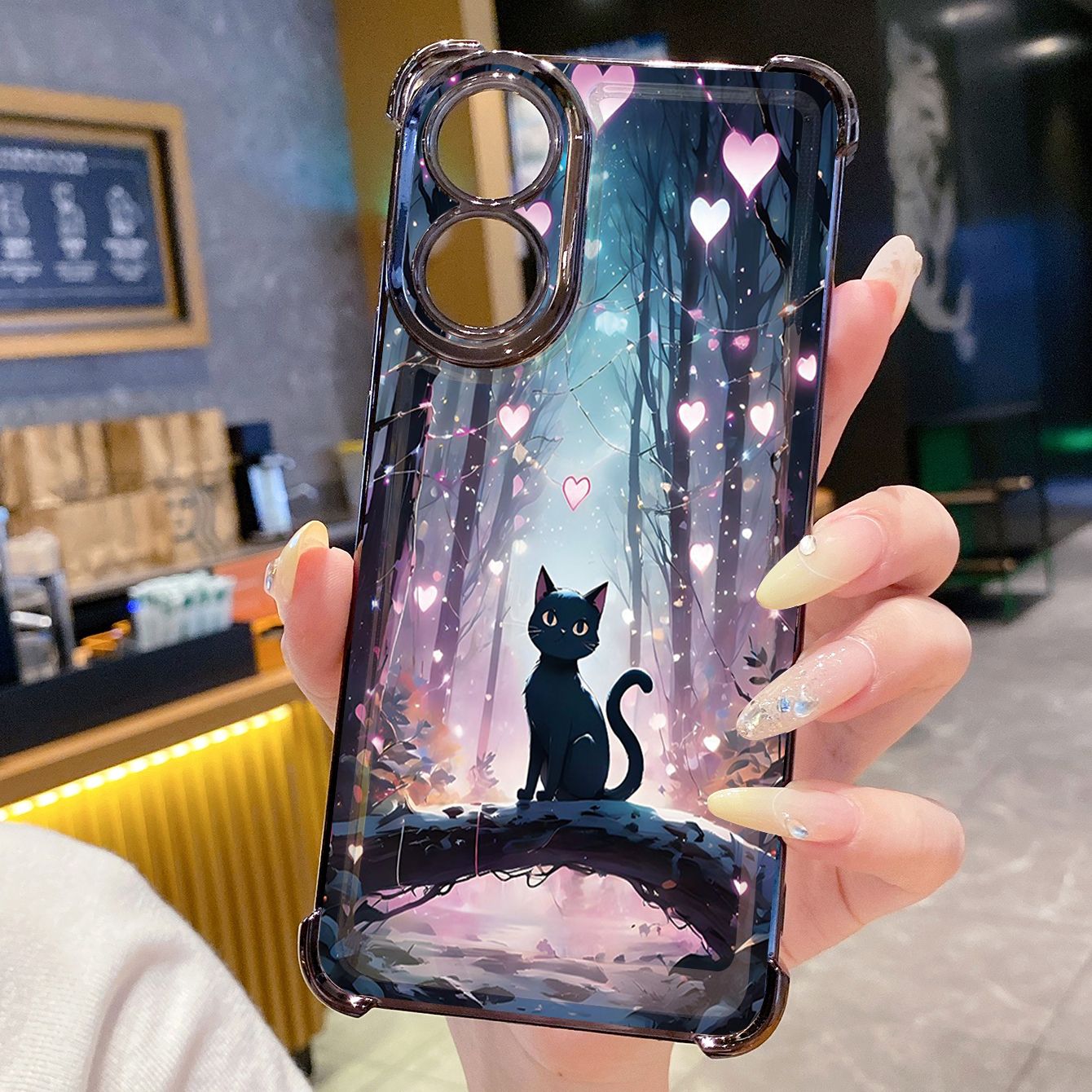 for OPPO A38 A5 Pro Realme C63 C51 C75 VIVO Plating Phone Case Shockproof Cover Black Cat Heart Flower