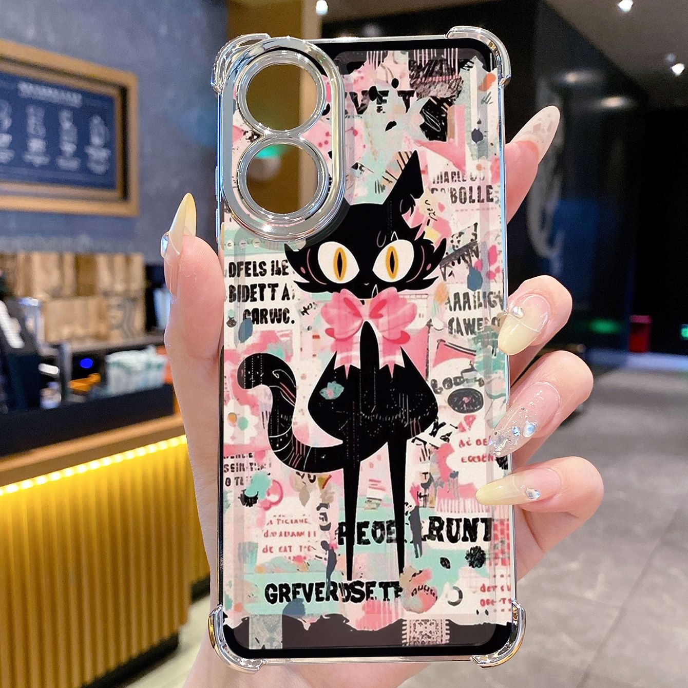 for OPPO A38 A5 Pro Realme C63 C51 C75 VIVO Plating Phone Case Shockproof Cover Black Cat Heart Flower