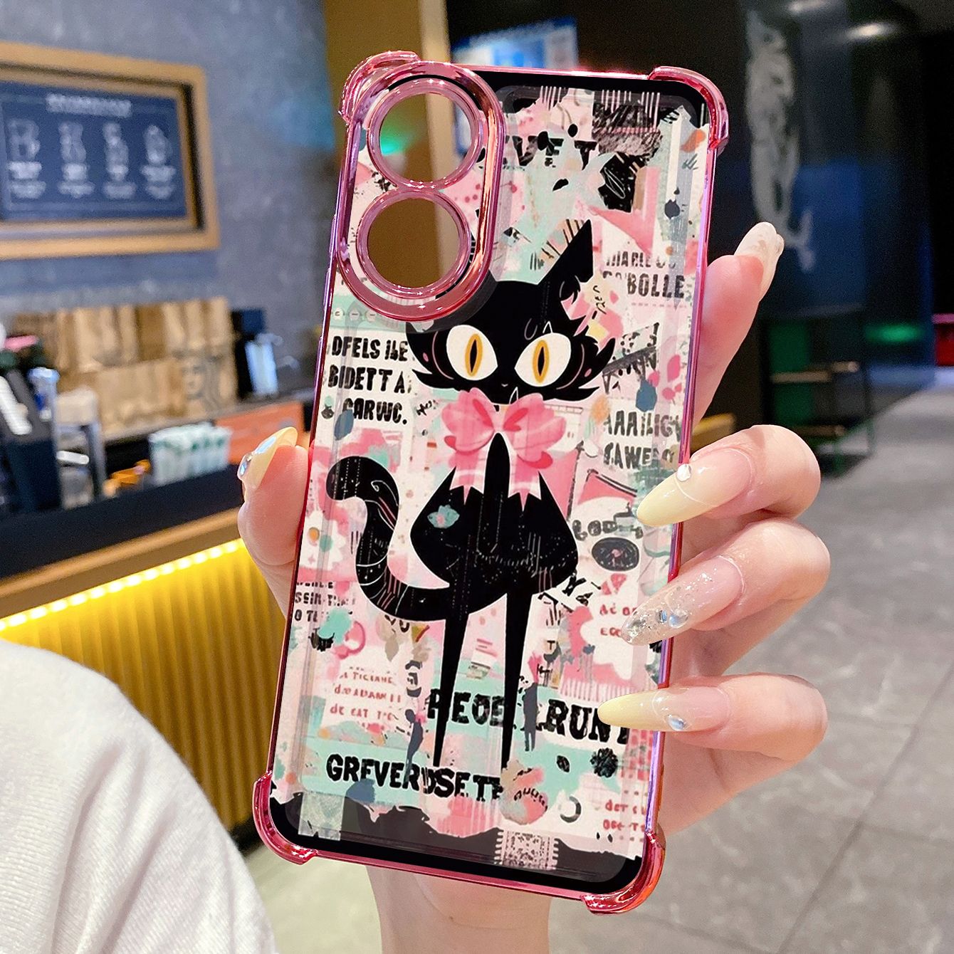 for OPPO A38 A5 Pro Realme C63 C51 C75 VIVO Plating Phone Case Shockproof Cover Black Cat Heart Flower