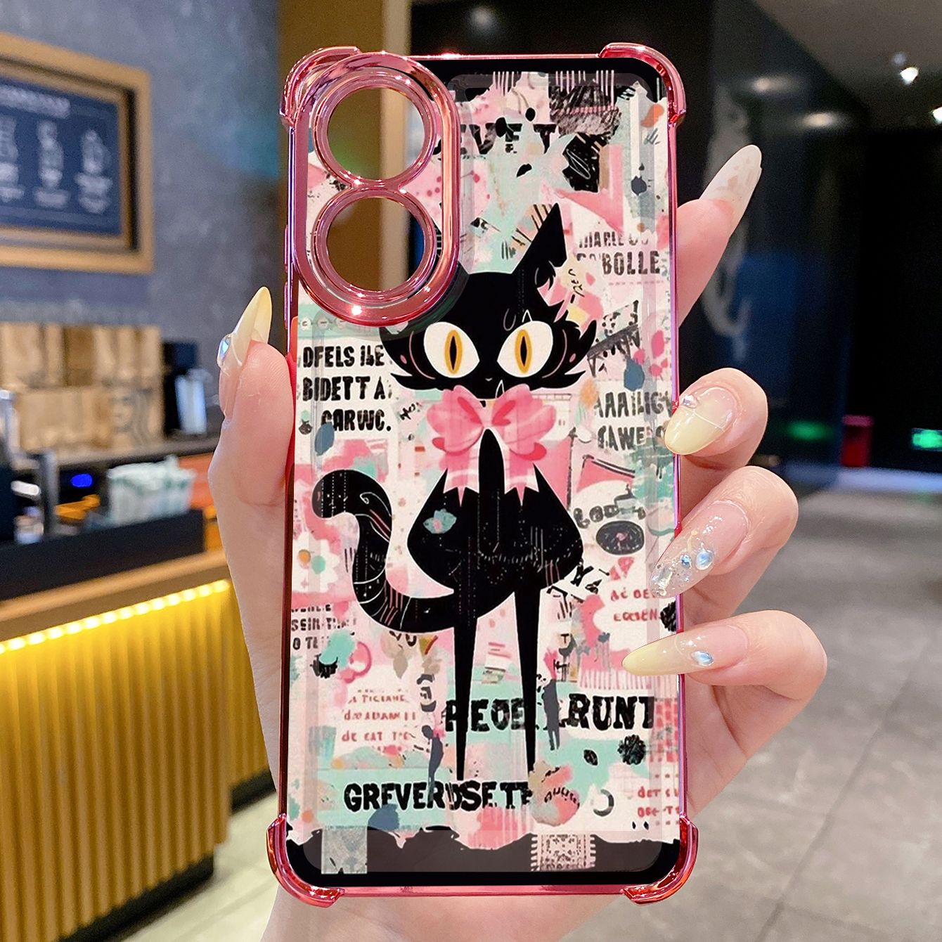 for OPPO A38 A5 Pro Realme C63 C51 C75 VIVO Plating Phone Case Shockproof Cover Black Cat Heart Flower