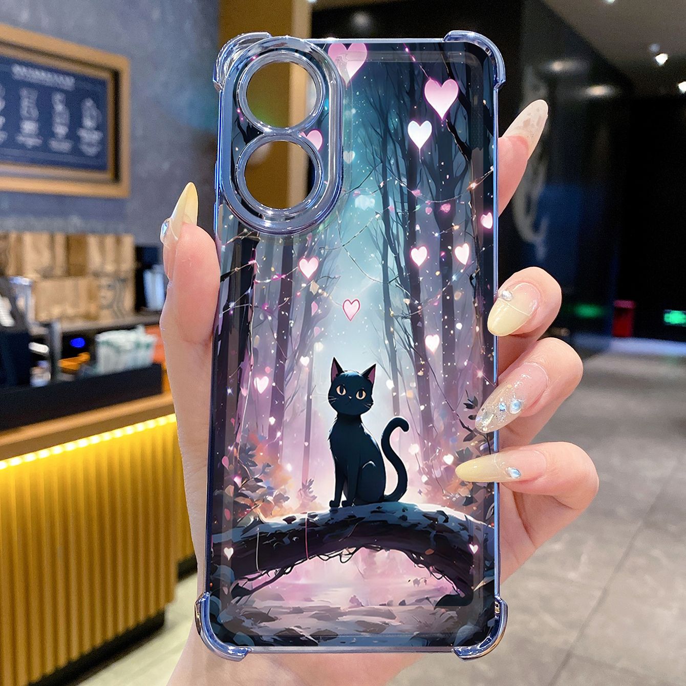 for OPPO A38 A5 Pro Realme C63 C51 C75 VIVO Plating Phone Case Shockproof Cover Black Cat Heart Flower