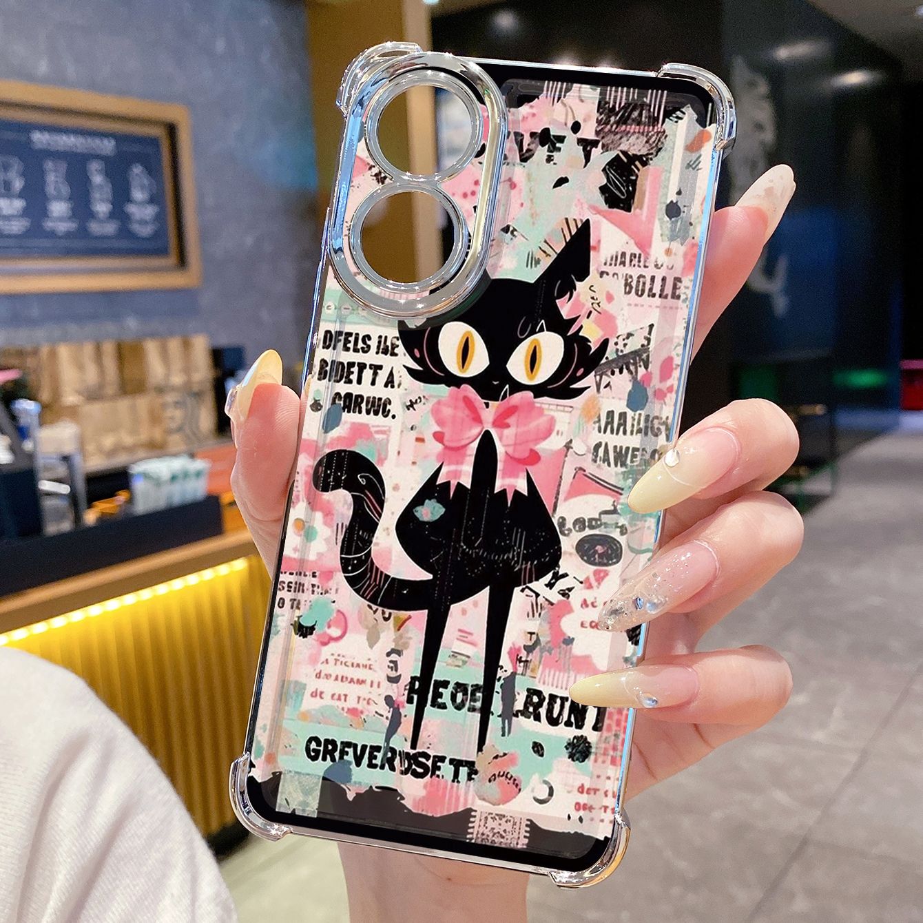 for OPPO A38 A5 Pro Realme C63 C51 C75 VIVO Plating Phone Case Shockproof Cover Black Cat Heart Flower