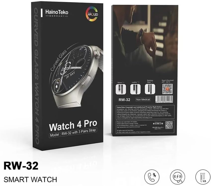 Watch 4 Pro (RW-32) Haino Teko Germany Smart Watch High Resolution AMOLED Display with 3 Straps (Stainless Steel+Leather+Silicone) (RW32 Silver)