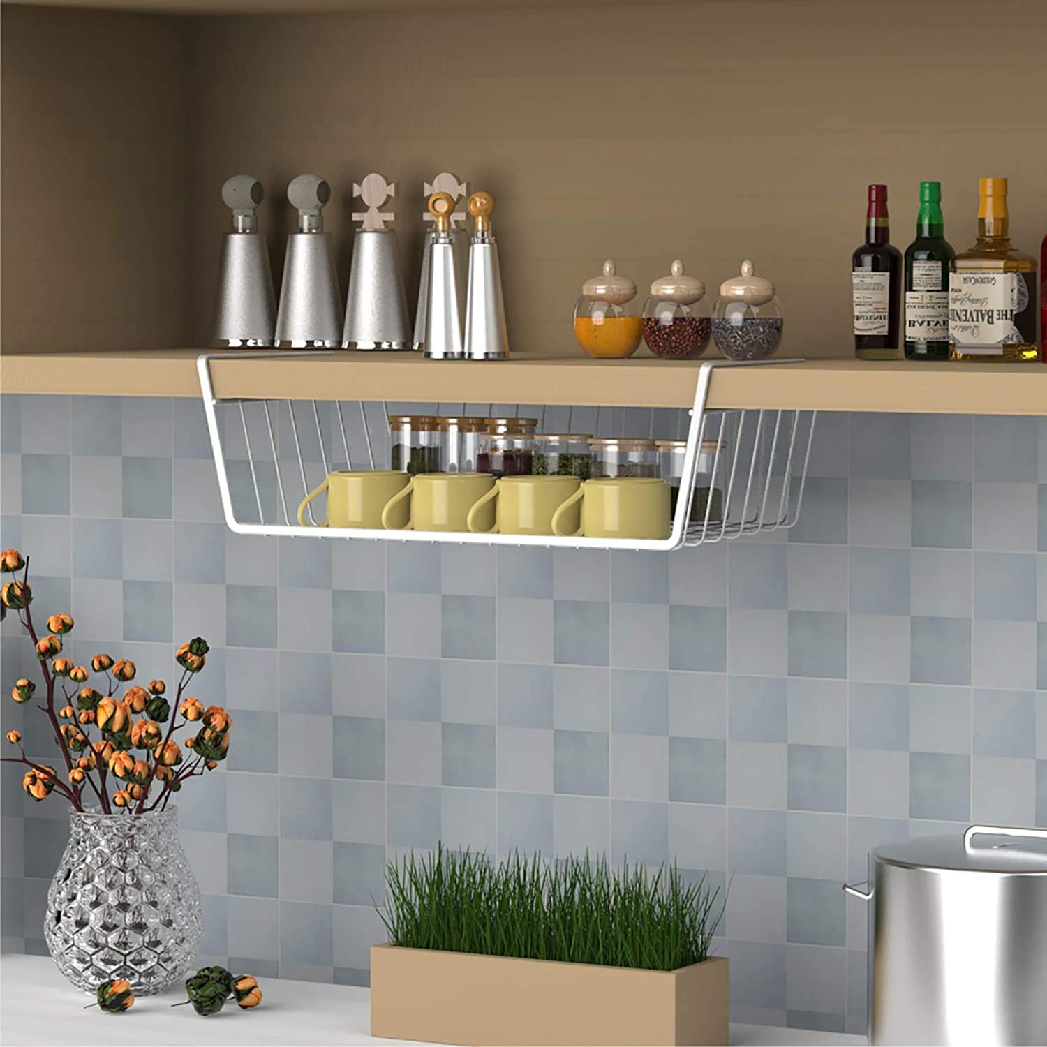 Iron Under Cabinet Storage Shelf, Multi-Purpose Wire Rack Organizer for Kitchen, Office & Home Use,