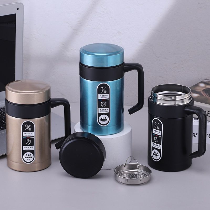 Stainless Steel Thermos Mugs Tea Cup With Handle Lid Tea Filter Insulated Tea Mug Thermos Cup Office Thermoses Hot and Cold Tea Coffee Cup