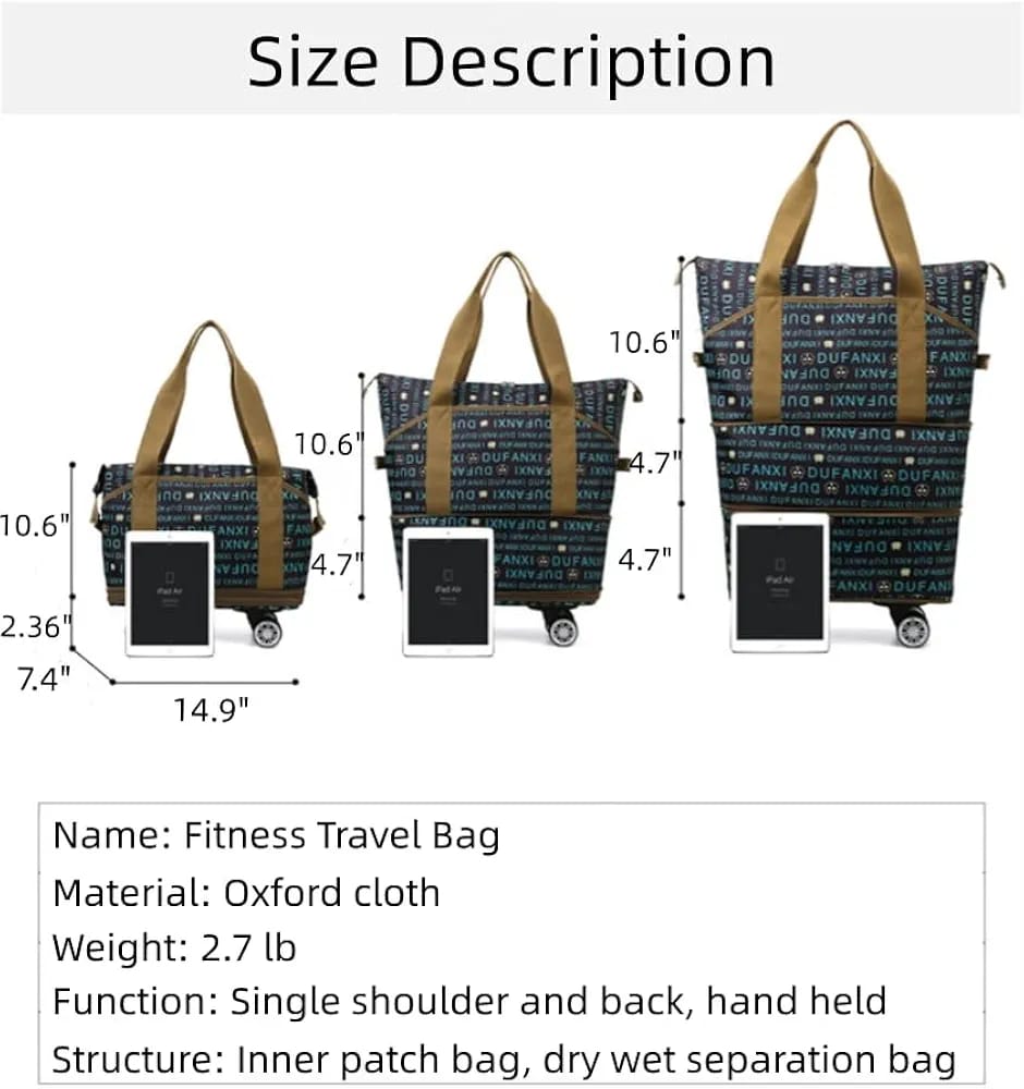 Expandable Carry Luggage Bag with Wheels Foldable Rolling Duffle Bag Large Capacity Dry Wet Separation Travel Bag Lightweight Suitcases for Men Women