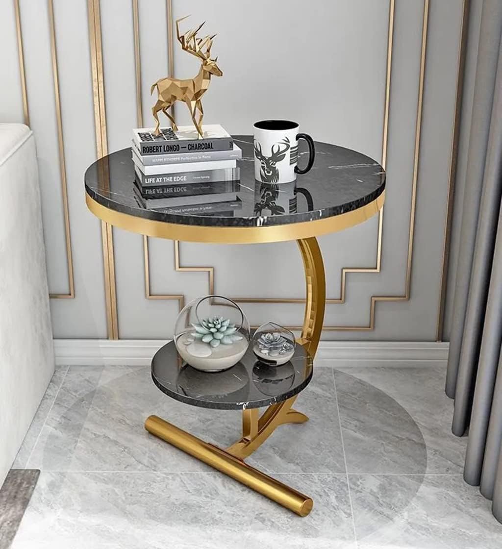 Luxury Marble Sofa Side Table 2 Tier Round Corner Table for Living Room Hotel Sofa End Bedside Table