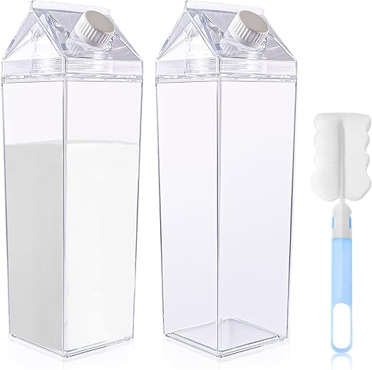 Milk Carton Water Bottle, 1 Litre Transparent Square Plastic Milk Box Brush, Etränk Iced Tea Bottle, Fridge Bottle, Milk Bottles, Drinks Juice for Outdoor Sports, Travel, Camping