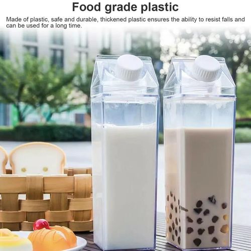 Milk Carton Water Bottle, 1 Litre Transparent Square Plastic Milk Box Brush, Etränk Iced Tea Bottle, Fridge Bottle, Milk Bottles, Drinks Juice for Outdoor Sports, Travel, Camping