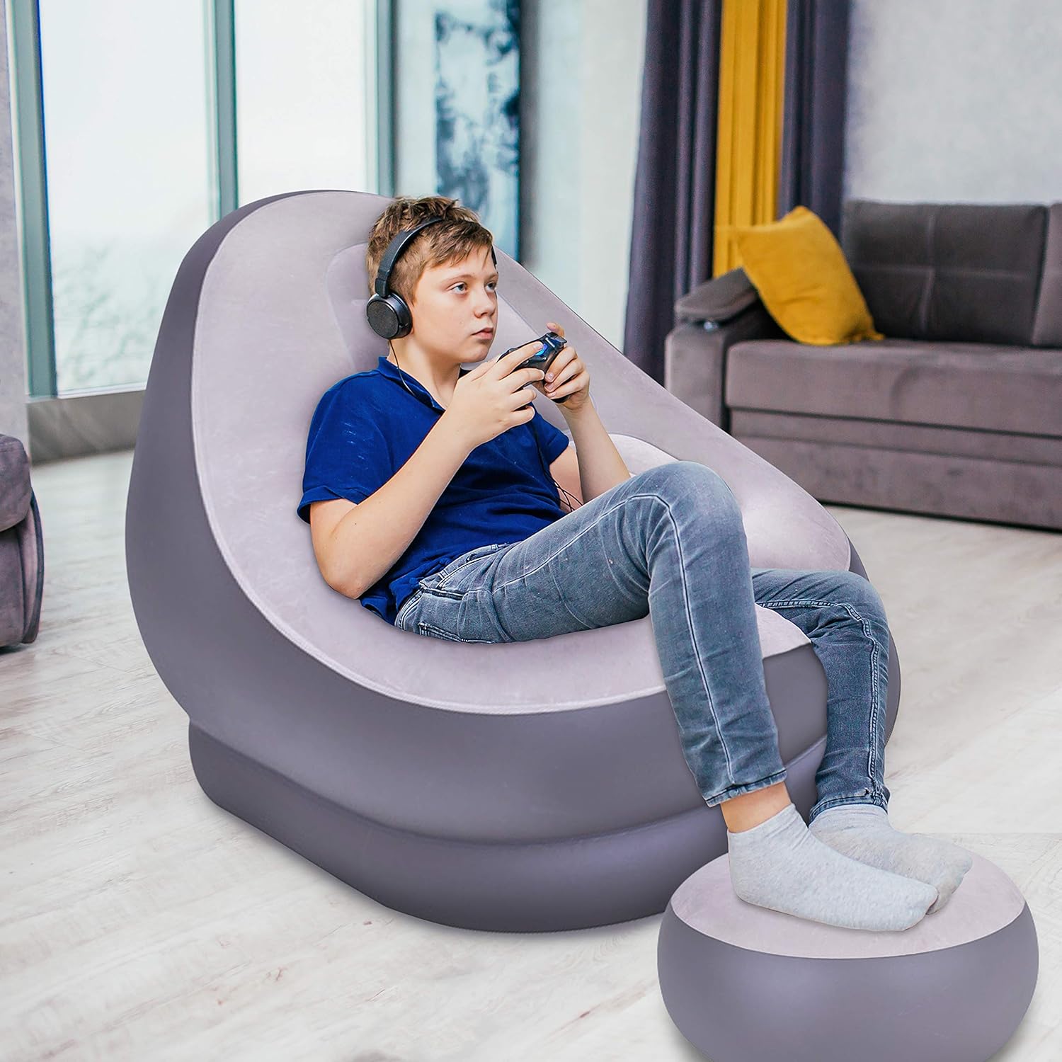 Inflatable 2-Piece Deluxe Lounger With Foot Stool/Perfect Chair For Gaming, Reading & Movie Watching/Lounger Size 116 x 98 x 83cm (L x W x H)
