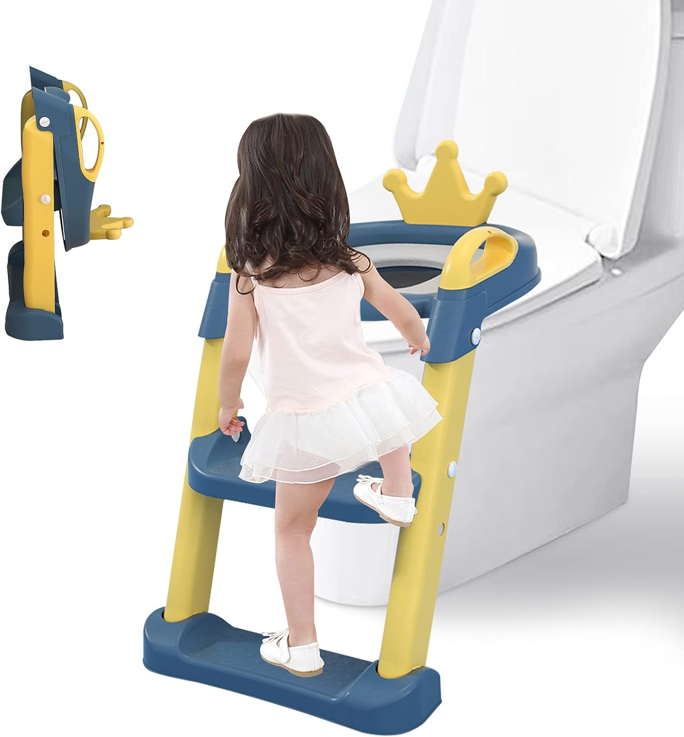 Potty Training Toilet Seat, Adjustable Height Foldable Toilet Seat and Step Ladder w/Cushion Non-Slip Pedal Backrests Splash Guard, Maximum Load up to 75 kg for Toddler Kid 1-10